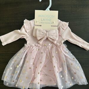 Madison Layne Pink Bow & Gold Dot Tulle Baby Dress Set